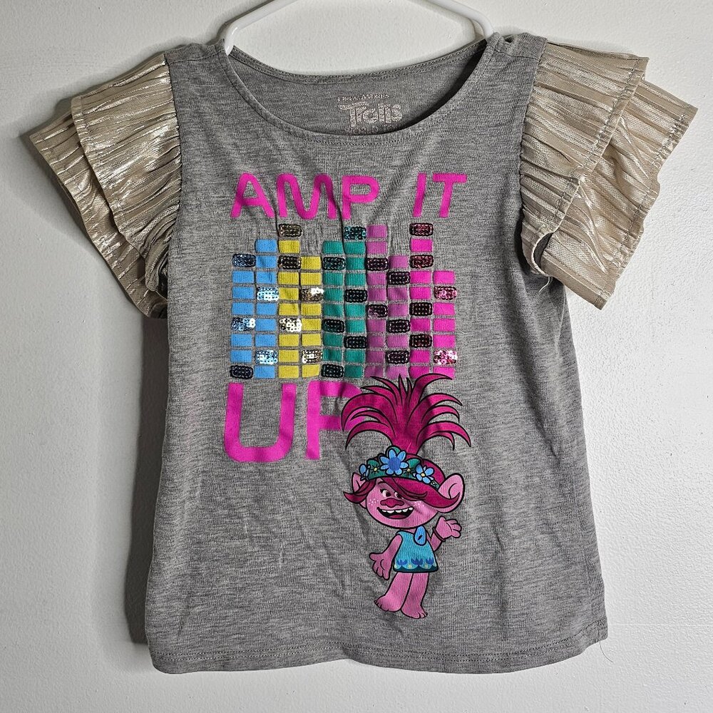 Trolls Poppy Amp It Up | Girls T-Shirt with Silver/Metallic Ruffle Sleeves